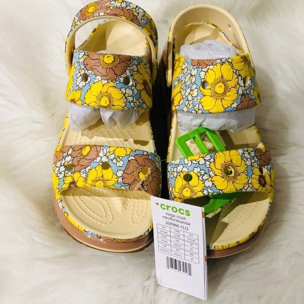 Crocs Mega Crush Retro Floral Sandal Bone‎ Multi Sunflower Platform Size M7 W9